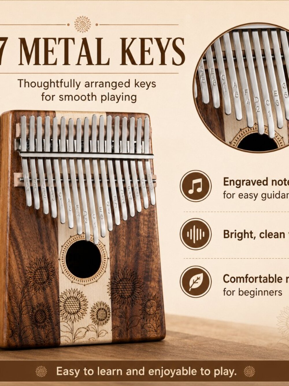 17 Key Wooden Kalimba Sunflower Design Thumb Piano Beginner Gift Case - Picture 4 of 10